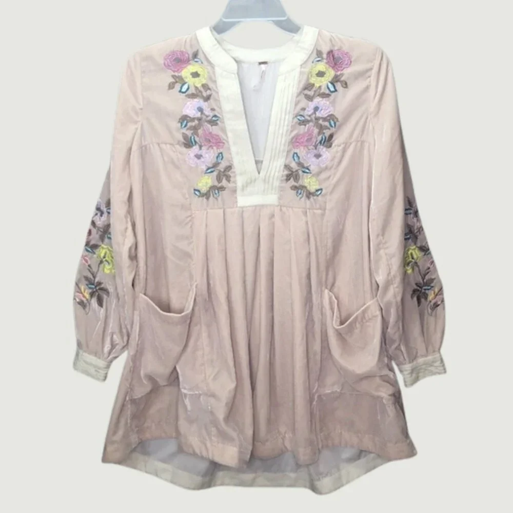 Free People Mia Embroidered Velvet Mini Dress in Beige — Size XS (Oversized Fit)